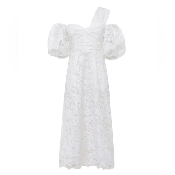 Self-Portrait Dresses & Skirts - Self-Portrait Puff Sleeve Leaf Guide Midi Dress White Lace